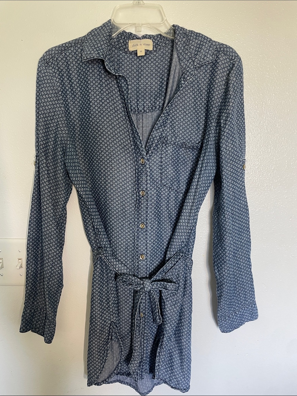 cloth & stone Navy Printed Button-Front Shirt Romper with Tie Waist